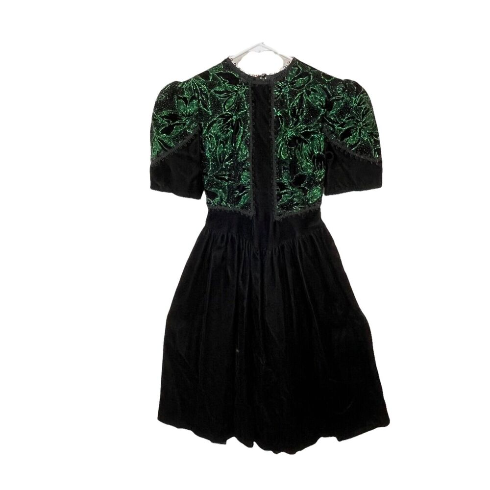Jessica McClintock Puff Sleeve Dress Gunne Sax Black Velvet & Green Glitter 7